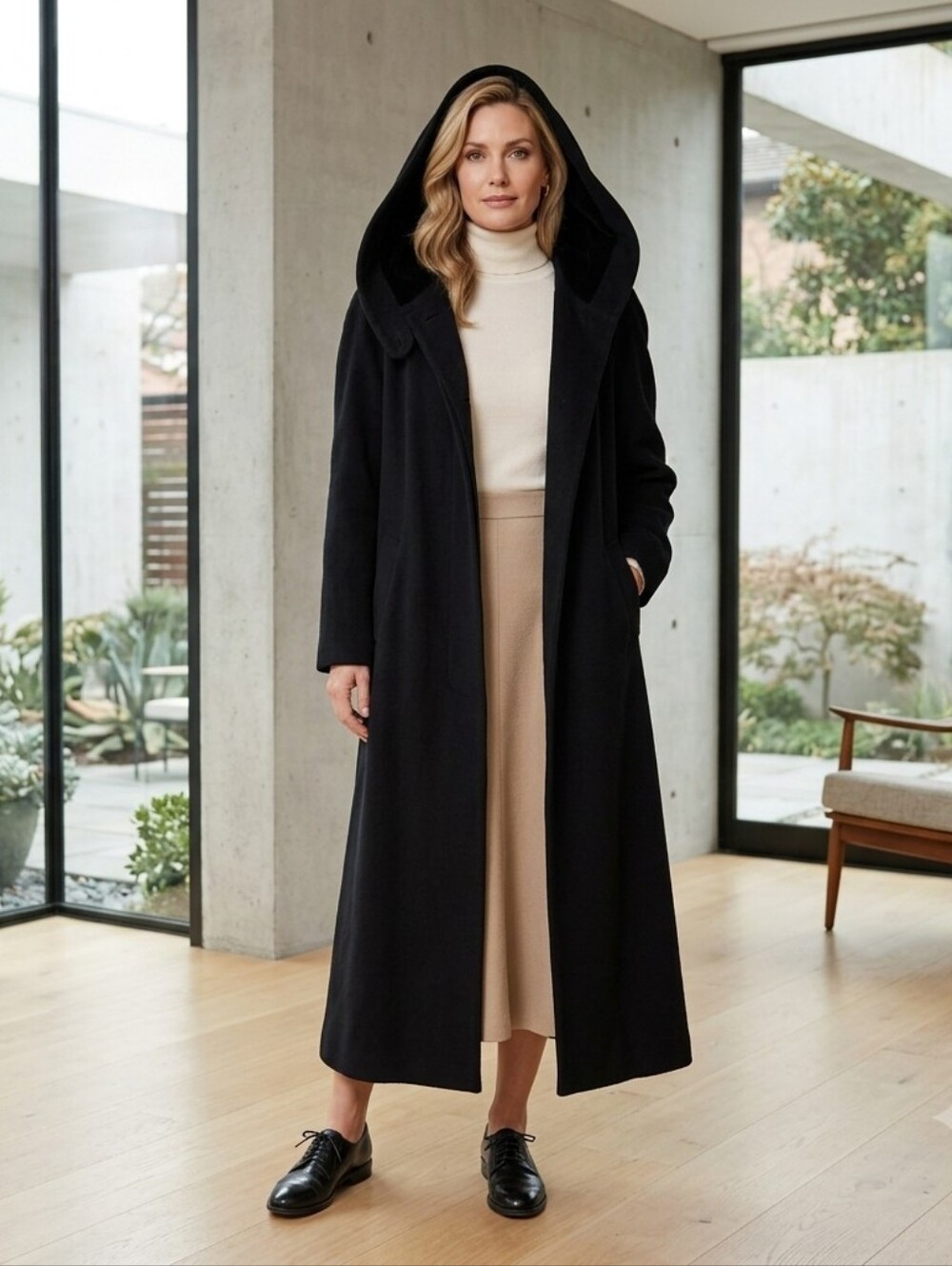Vintage Jones New York 100% Pure Wool VelvetHooded Maxi Coat - Made in USA Black